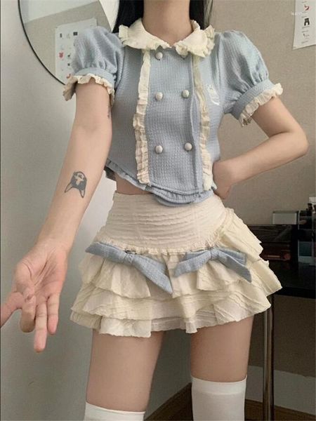 Work Dresses Cute Girl Lolita Fashion 2 Piece Baby Blue Suits Puff Sleeve Ruffle Doll Shirt&Sweet Bow Mini Cake Skirt Matching 2pc Dress
