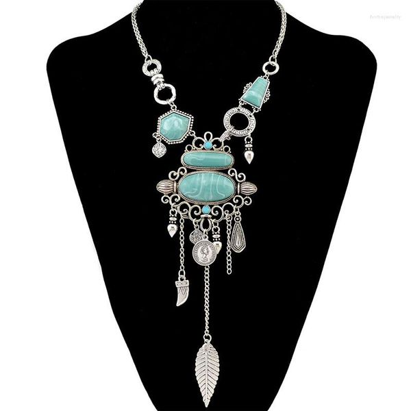 Girocollo Collane di dichiarazione di pietra blu etnica vintage per le donne Gioielli unici con collana in metallo color argento con nappa e foglia di metallo