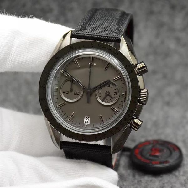44mm quartzo cronógrafo mostrador cinza relógios masculinos moonwatch pulseira de couro preto lado escuro do anel mostrando marcações de taquímetro wri280k
