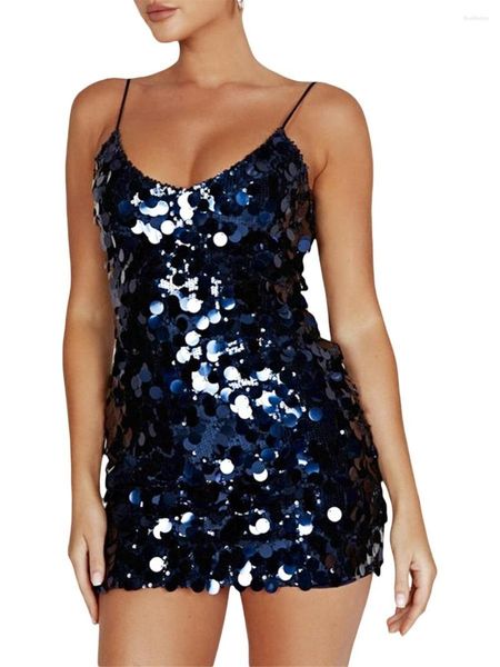 Vestidos casuais sexy mulheres espaguete cinta cocktail vestido verão brilhante lantejoulas backless bodycon festa mini nightclub clubwear