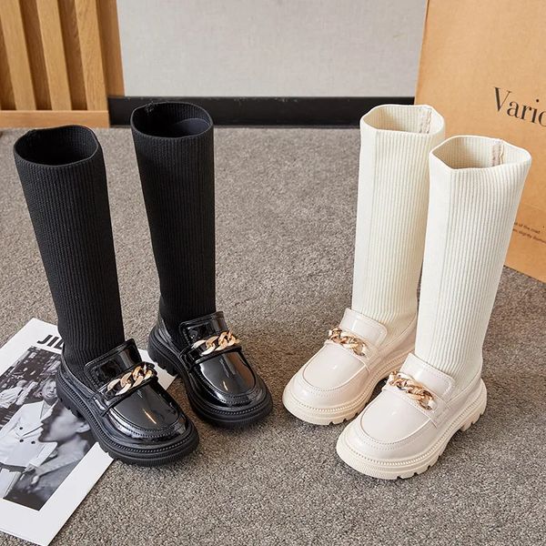 Botas de inverno coreano sobre o joelho bota para meninas com corrente de metal meias botas crianças moda sólida brilhante chique meninas sapato casual 230927