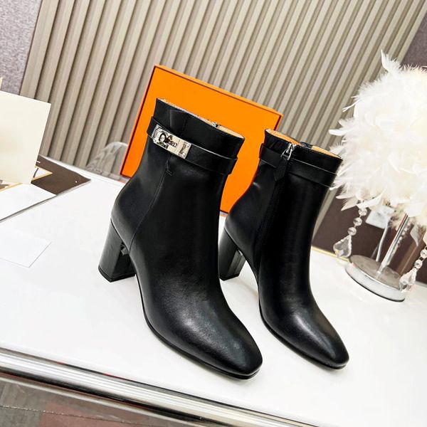 Herbst Damen beliebte Saint Germain und Stiefeletten Luxus Designer klassische Schloss Kette Reißverschluss flache Unterseite Ritter Stiefel Rindsleder Stoff Anti-Rutsch-Damen-Booties