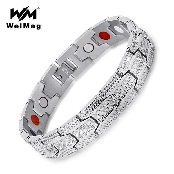 Welmag moda pulseira masculina magnética bio energia aço inoxidável ampla prata manguito pulseiras homme cura jóias presentes de natal2875