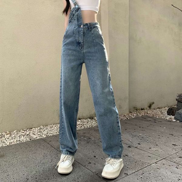 Nuova tuta monospalla Jeans Donna Pantaloni jeans a vita alta stile coreano Pantaloni dritti casual larghi blu femminile