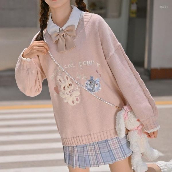 Suéteres femininos estilo coreano kawaii suéter rosa mulheres moda desenhos animados manga comprida oversize jumper japonês bonito top de malha