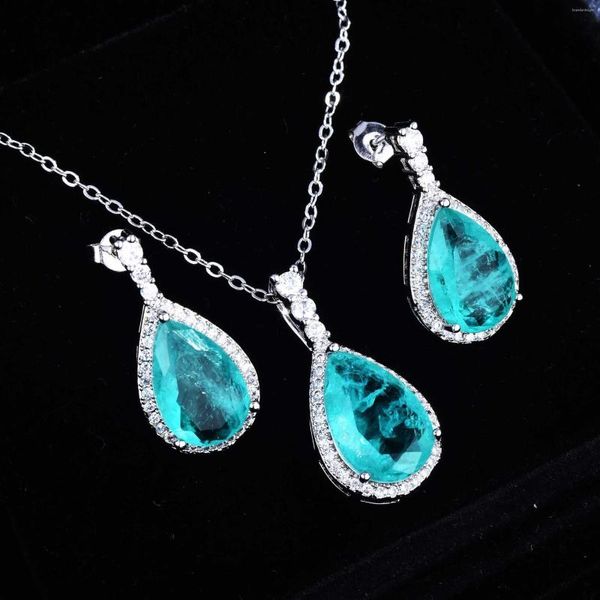 Halskette Ohrringe Set Megin Weißgold vergoldet Luxus Vollkristall Stein Paraiba Tropfen Anhänger Kragen Kette Ohrstecker Schmuck für Frauen