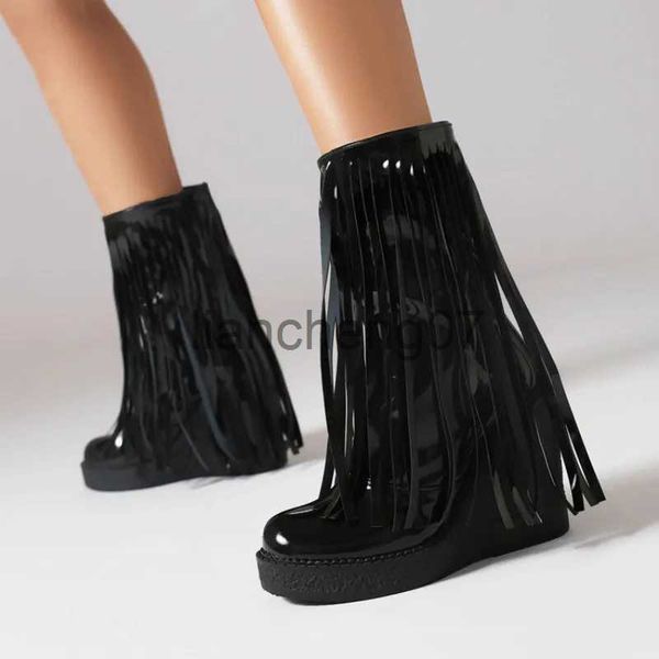 Stiefel 2023 Mode Stiefel Neue Herbst/Winter Runde Kopf Schwarz Muffin Plateauabsatz Super High Heel Plüsch Keilabsatz Fringe Damenstiefel x0928