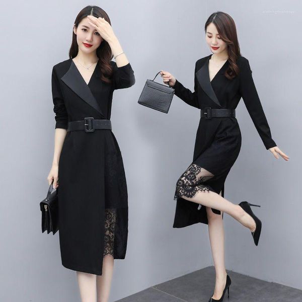 Vestidos casuais mulheres primavera outono preto laço terno vestido com cintura coreano escritório senhora magro gracioso entalhado assimétrico workwear
