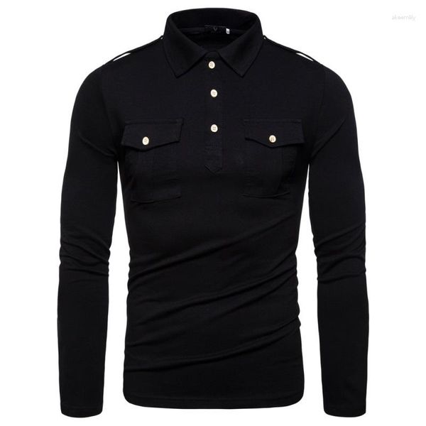 Polos masculinos 2023 outono casual cor sólida versátil camiseta com gola polo workwear bolso camisa de manga longa