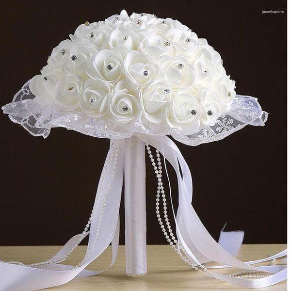 Flores de casamento fita de noiva buquê de espuma flor artificial rosa branca