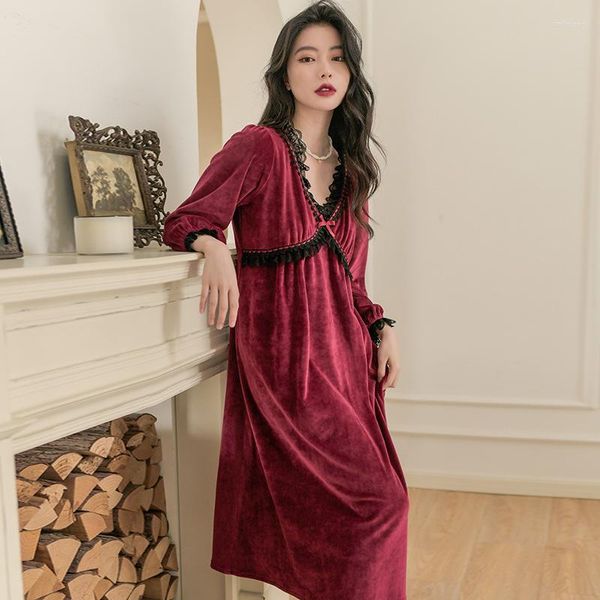 Mulheres sleepwear fdfklak outono inverno veludo dourado de manga comprida camisola mulheres v-pescoço renda sexy vestido de princesa nighty para senhoras