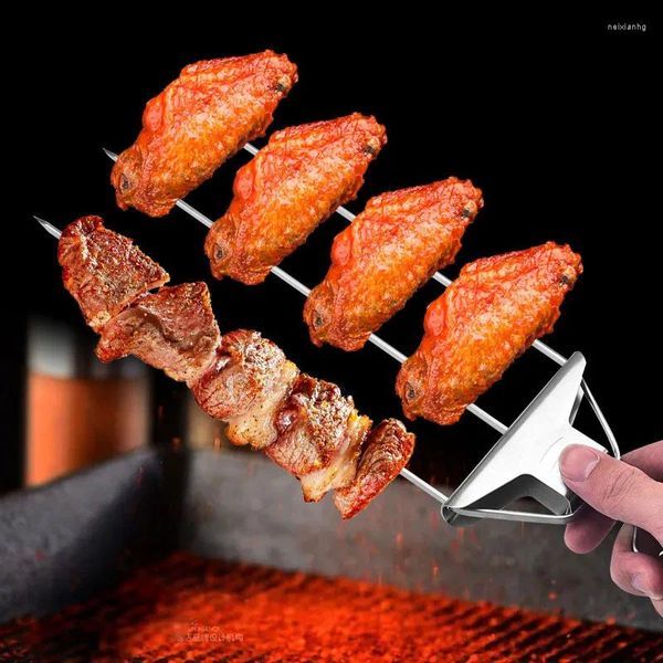 Strumenti Spiedini per griglia a 3 vie Gamberetti per grigliare Bastoncini in acciaio inossidabile Bar Spiedino a 3 punte BBQ Stick Kebab