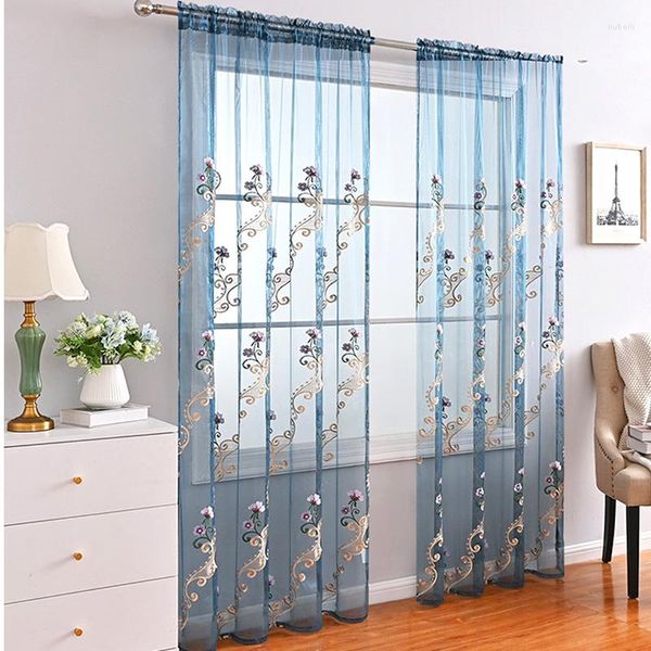 Cortina 1 peça, telas criativas de janela, cortinas de tule azul para quarto, varanda, transparente, estilo europeu, gaze bordada, moderna, alta qualidade