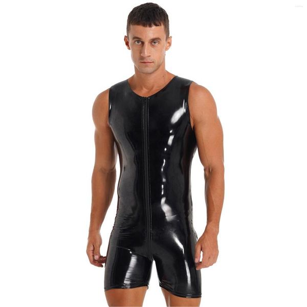 Herren-Body Shaper, Herren-Dessous, Reißverschluss, Lackleder-Body, glänzender Rundhalsausschnitt, ärmellose Overalls, schwarze Clubwear für Pole Dance Rave