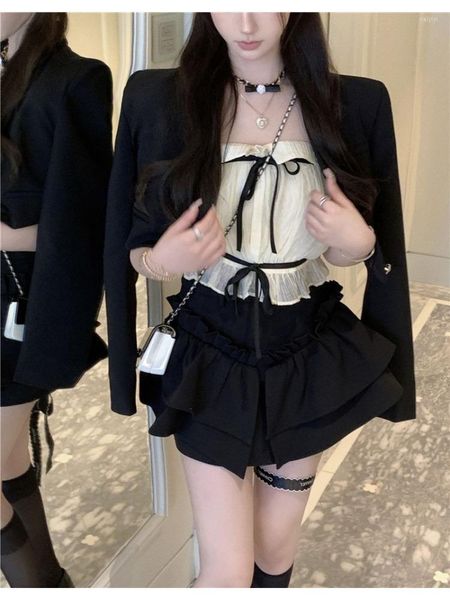 Vestido de duas peças unxx conjuntos de moda feminina 2023 outono coreano curto terno superior casual calças saia conjunto alta rua tweed