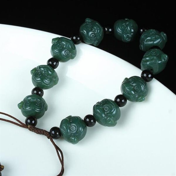 Fios frisados natural xinjiang hetian yu chinês zodíaco macaco cabeça mão pedra sorte estiramento elástico pulseira moda jóias 212h