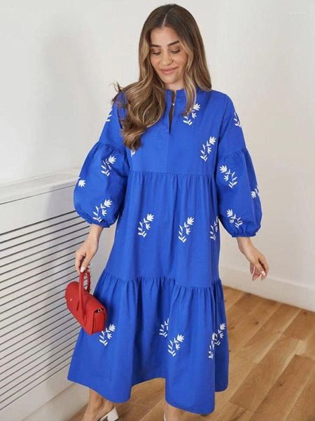 Vestidos casuais yljhqx mulheres elegantes verão vestido de algodão bordado senhoras chique o pescoço puff manga midi