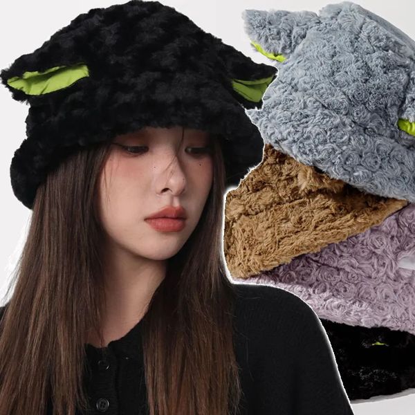 Cappelli a tesa larga Cappello a secchiello da donna in lana di agnello Cappello caldo in lana di pecora con orecchio in peluche Cappellini Panama per ragazza Pelliccia sintetica morbida Pescatore femminile Regali per il sole 230927