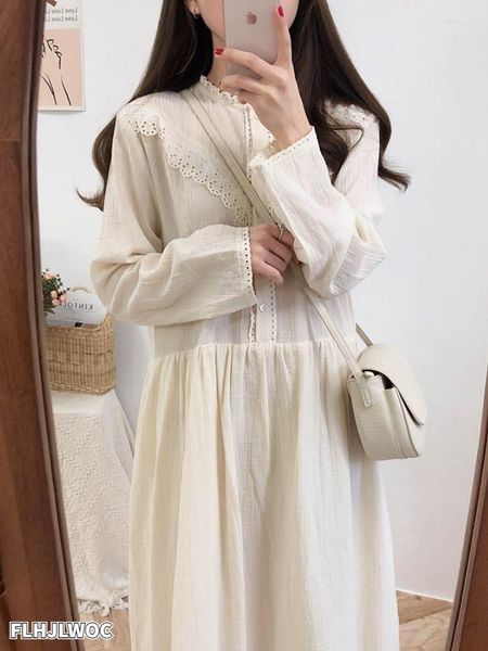 Casual Kleider Lose Frauen Vintage Spitze Kleid 2023 Frühling Herbst Nette Adrette Japanische Kleidung Baumwolle Leinen Lange