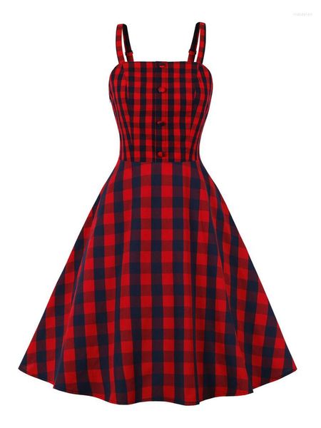 Abiti casual 2023 Abito estivo in cotone con cinturino per spaghetti Sexy Plaid rosso A Line Stile Hepburn anni '50 anni '60 Abiti vintage da donna Y2k Robe