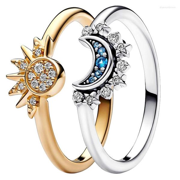 Кольца кластера, оригинальное кольцо из стерлингового серебра 925 пробы с золотым блеском, небесно-голубое, сверкающее кольцо с луной и солнцем с кристаллом для женщин, ювелирные изделия своими руками