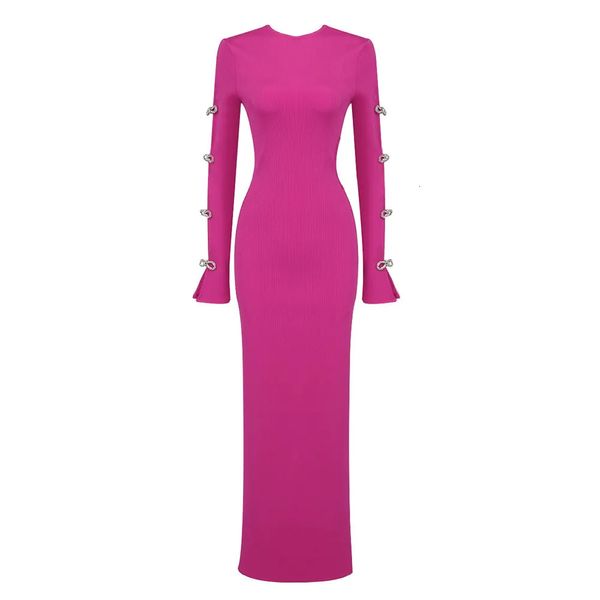 Базовое повседневное платье Розово-красное платье с длинными рукавами и разрезом по бокам 230927