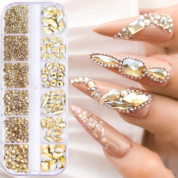 Nagelkunst-Dekorationen, 920 Stück, Champagner-Strasssteine für Nägel, Gold-Champagner-Bling-Nagelkunst-Schmuck, flache Rückseite, gemischte Größen, Gold-Diamant-Edelstein, 230927