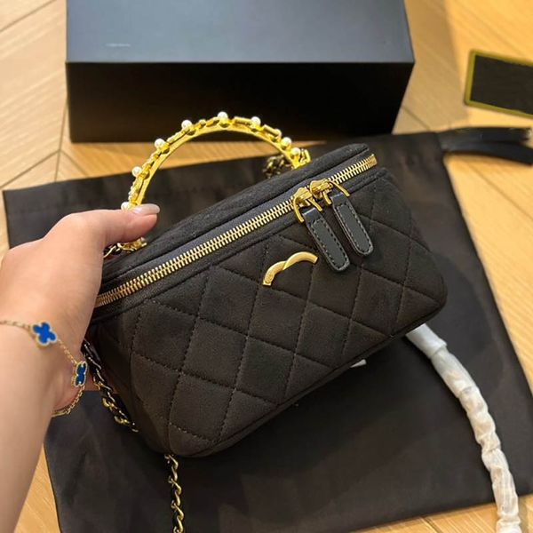 Mini bolsa de cosméticos feminina de veludo com espelho bolsa de luxo diamante treliça acolchoada hardware dourado preto e marrom carteira de designer de duas cores retrô fanny pack 16cm