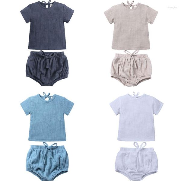 Set di abbigliamento Arrivi Neonati maschi Vestiti per ragazze Set di cotone e lino Tinta unita Pullover con lacci T-shirt Pantaloncini con cintura Abiti per bambini