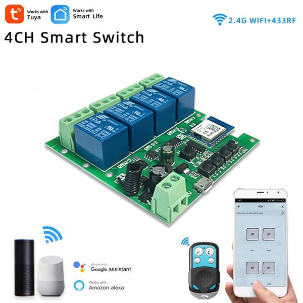 Diğer Elektronikler Tuya Akıllı WiFi Işık Anahtarı Modül Kurulu 4CH DC 12V 24V 32V İnç Röle Alexa Google Home Alice RF433 Alıcı Uzaktan Kontrol 230927