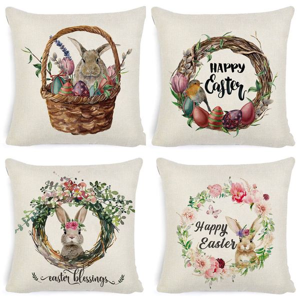 Frohe Ostern Großhandel Hase Osterei Kissenbezug mit Reißverschluss Leinen Kissen Home Sofa Dekor Zubehör 45 x 45 cm