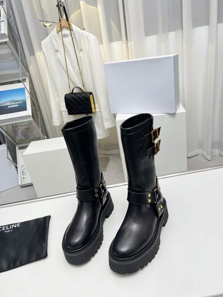 Mulheres de luxo Botas Longas Montezu Bota Alta Itália Plataformas Na Moda Impermeável Preto Marrom Couro Dupla Fivelas Designer Clássico Ideia de Inverno Longs Bootes Box UE 35-40