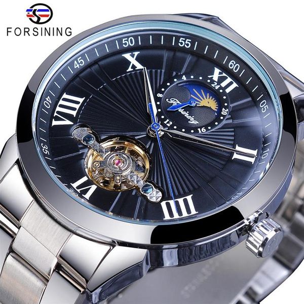 Forsining clássico masculino turbilhão relógio mecânico marca de moda preto moonphase negócios banda aço relógio automático reloj hombre252z