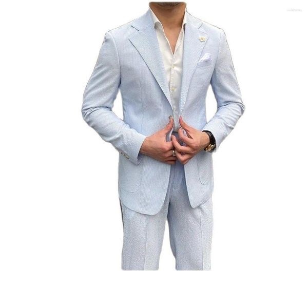 Ternos masculinos de verão seersucker terno masculino lazer azul listrado fino britânico gentry roupas negócios noivo casamento blazers smoking fino ajuste