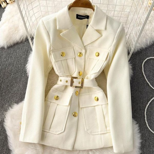 Damenanzüge Herbst Winter Luxus-Stil Blazer Mantel Frauen Anzugjacke Kerb Zweireiher Langarm Goldene Knöpfe Tasche Blet