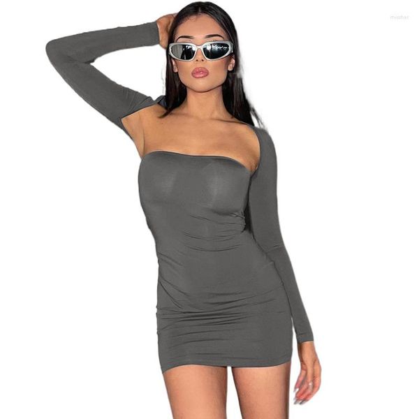 Vestidos Casuais Europeus e Americanos Mulheres 2023 Verão Sólido Manga Longa Pescoço Quadrado Moda Slim Fit Wrap Hip Dress