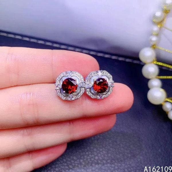 Brincos de parafuso prisioneiro jóias finas 925 prata esterlina inset com pedras naturais luxo feminino redondo vermelho garnet orelha studs suporte dete