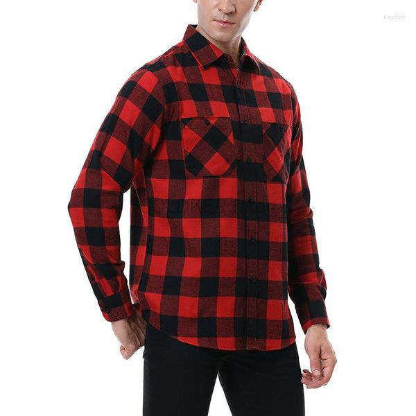 Camisas casuais masculinas outono e inverno mens botão para baixo ajuste regular manga longa xadrez flanela camisa homem vermelho