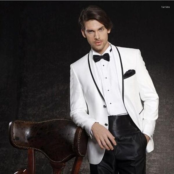 Мужские костюмы 2023 Белый ужин Пром Жених Смокинги для жениха Свадебные черные брюки Мужские (куртка брюки пояс галстук-бабочка)