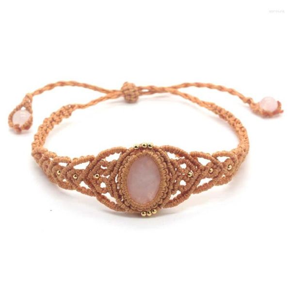 Charme Pulseiras Natural Cabochão Pedra Rosa Cristal Pulseira Trançada Macrame Corda Roxo Quartzo Ajustável Para Mulheres Homens Menina Jóias