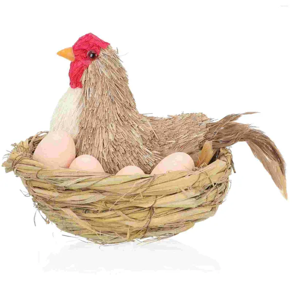 Figurine decorative Pasqua Pollo Gallina Uovo Statua Uova da festa Toy Farm Figurine Forniture di paglia Decor Animali Cuscinetti artificiali Animale