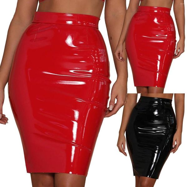 Röcke Twin Size Bettrock Damen Leder Sexy Faux Hohe Taille Lässiger Reißverschluss PU Slim Bleistift