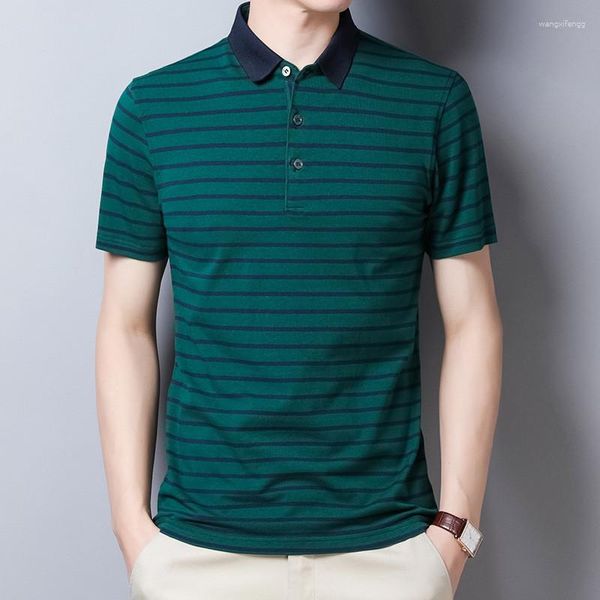Polos masculinos listrado camisa polo para homens de manga curta moda verão legal algodão coreano negócios masculino 2023 tshirt