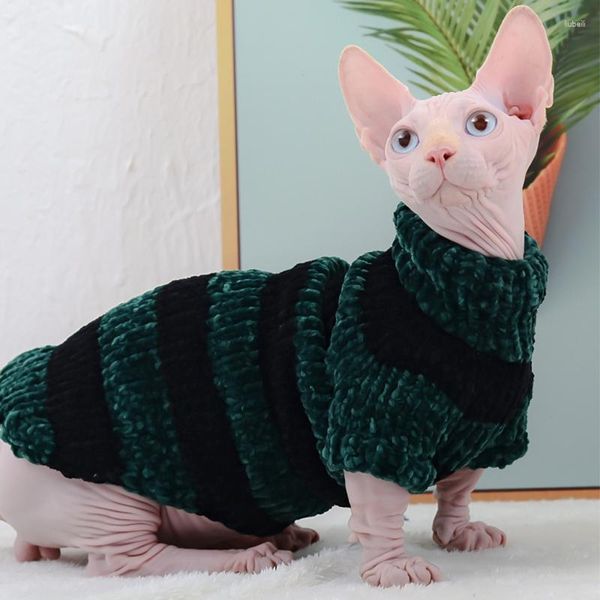Trajes de gato quentes roupas sem pêlos inverno suave suéter listrado para gatinho pequeno colete roupa sphynx artesanal