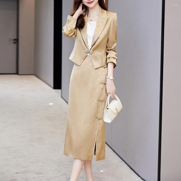 Vestido de duas peças estilo chinês conjuntos de correspondência casacos de colheita e saia das mulheres 2023 roupas roupas pequenas blazers mid lápis saias chiques