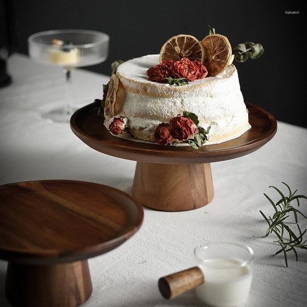 Piatti Piatto da torta in legno con supporto alto Vassoi da portata creativi Legno naturale ecologico Dessert Vassoio per snack di frutta Decorazioni per la casa Oggetti di scena Pografia