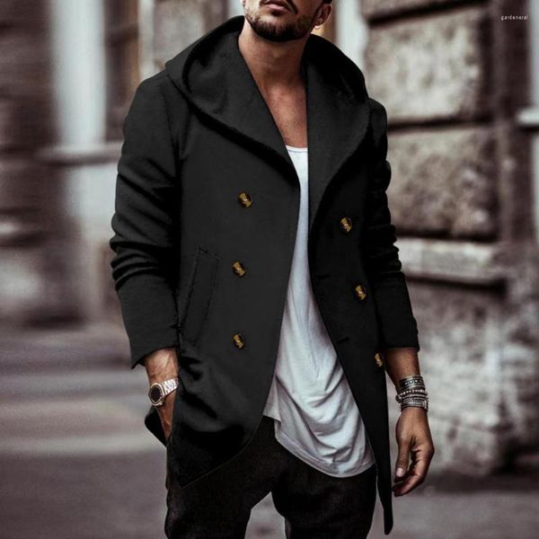 Trench da uomo Cappotto da uomo a maniche lunghe con cappuccio invernale elegante doppiopetto cardigan in tinta unita di media lunghezza