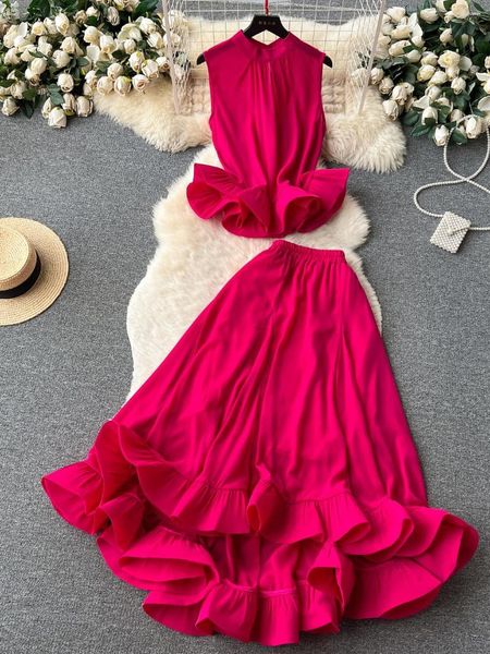 Vestidos de trabalho verão feminino verde/rosa vermelho/bege/preto conjunto de duas peças vintage gola sem mangas curto topos plissado bainha saia terno