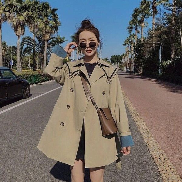 Damen Trenchcoats Frauen Patchwork Einfache Windjacke Britischer Stil Design Lose Mantel Frühling Herbst Ulzzang Vintage A-LINE Outwear Chic