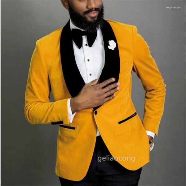 Ternos masculinos de veludo amarelo, terno para casamento, noivo, smoking, blazer masculino, 2 peças, traje homme mariage